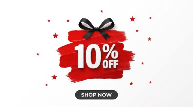 10 percent off sale banner with red brush stroke. Discount promotion tag with black ribbon.
