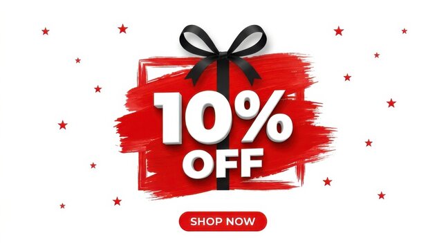 10 percent off sale banner with gift bow. Red discount tag for retail marketing promotion.