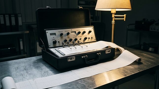 Close up of vintage polygraph machine with paper chart output on metal table
