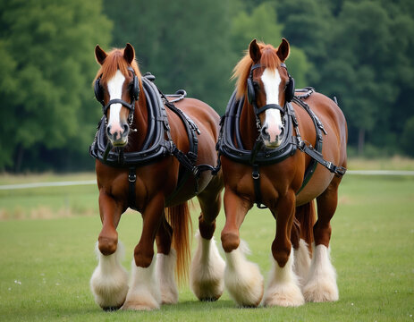 Two brown Shire horses walk together in green summer field. Large draft farm animals wear leather harnesses, collars for heavy labor. Strong equines pull equipment on rural pasture land. Powerful