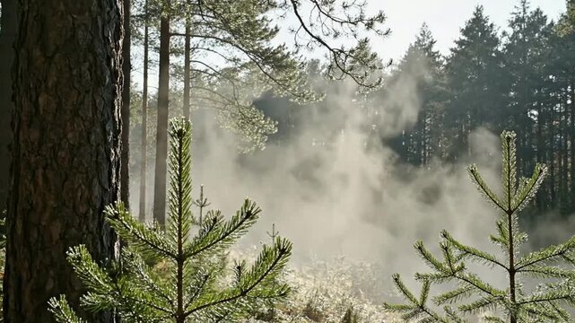 Ethereal morning mist rising through pine forest trees in sunlight, atmospheric woodland nature background
