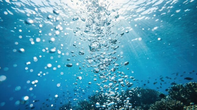 Underwater air bubbles rising in blue ocean. Marine oxygen bubbles floating to surface.