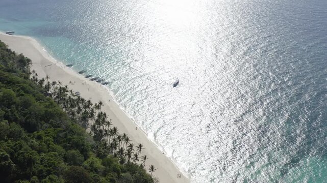Aerial View of Boats and Palm-Lined Shore at Puka Shell Beach Boracay 