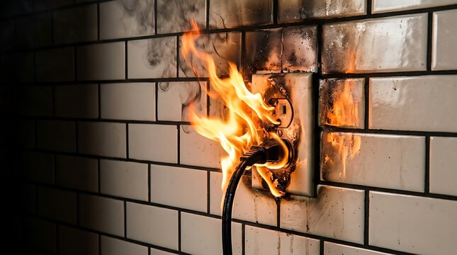 Electrical outlet on fire with flames and smoke damage on white subway tiled kitchen wall