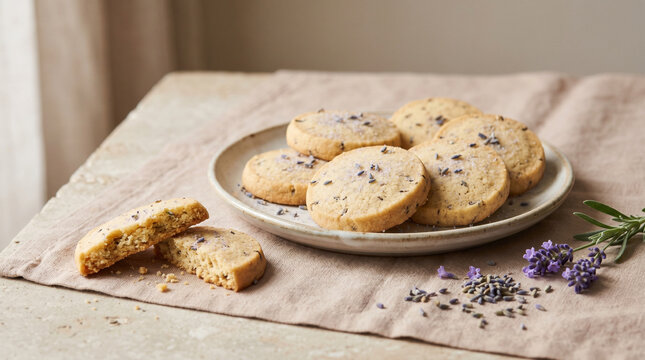 Lavender shortbread cookies on ceramic plate with broken cookie