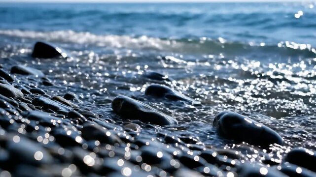 Sparkling ocean waves crashing on smooth pebble beach shoreline at sunset, serene coastal nature background, with sun glare, and sea foam