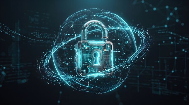 Luminous blue digital padlock safeguarding sensitive data within glowing network sphere, abstract illustration depicting secure information systems.