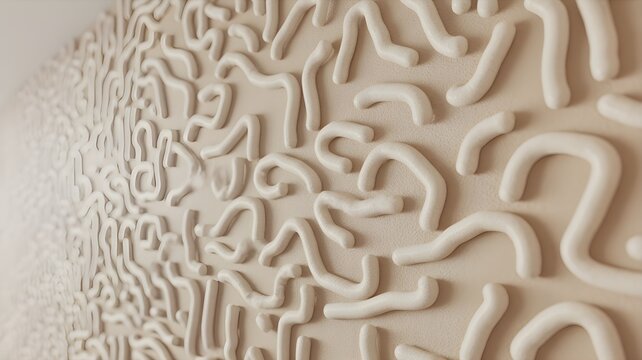 Abstract 3d wall panel with a flowing, organic, wormlike pattern in a soft beige, cream color palette, creating a modern and minimalist texture