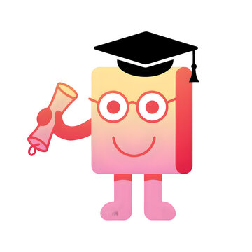 Cute book mascot character wearing mortarboard cap and glasses holding diploma scroll vector illustration