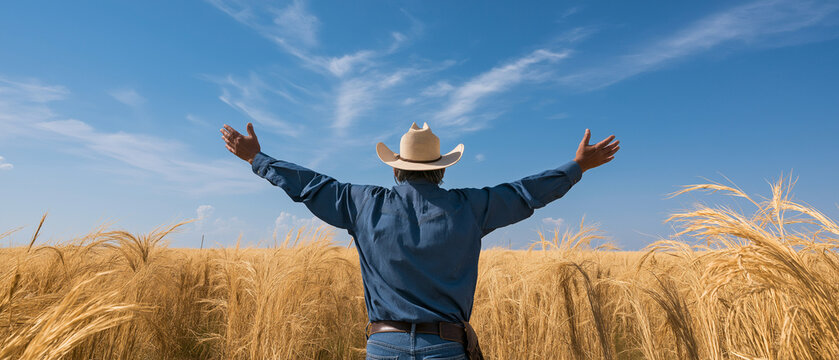 Farmer's Blessing: A lone farmer in a cowboy hat stands with arms outstretched in a golden wheat field, looking up at the vast blue sky.