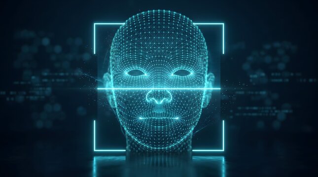 Bright blue glowing digital human face being scanned with a futuristic grid for biometric facial recognition, ideal for secure identity verification.