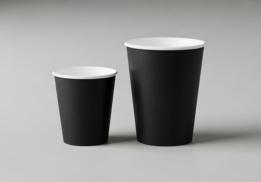 Two black disposable coffee cups size comparison