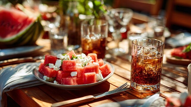 A lifestyle outdoor brunch scene with watermelon feta salad, iced beverages, and linen napkins arranged naturally on a wooden table