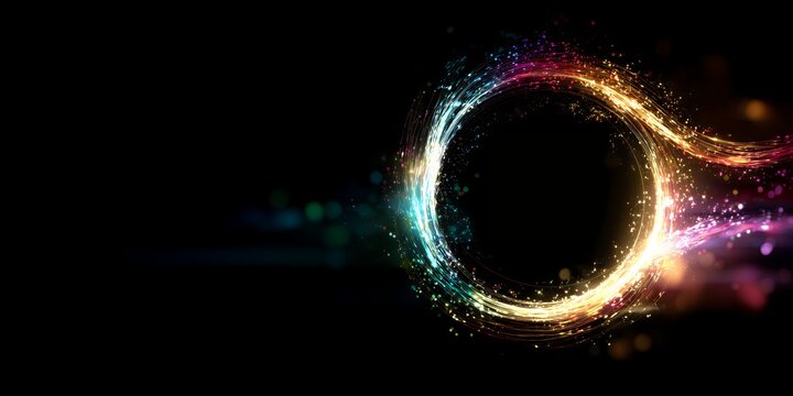 Vibrant glowing magic circle with colorful particle dust on dark background for futuristic technology and energy concepts
