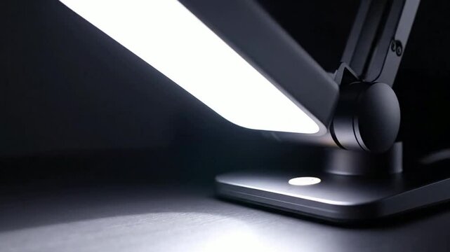 Modern led desk lamp turning on with bright cool white light, minimalist adjustable task lighting for home office and workspace productivity
