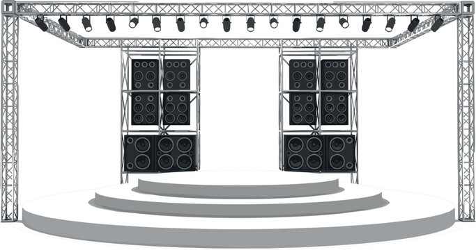 Concert Stage Truss System with Professional Audio Speakers Line Array and Spotlight Lighting Equipment for Live Music Festivals Event Vector Illustration