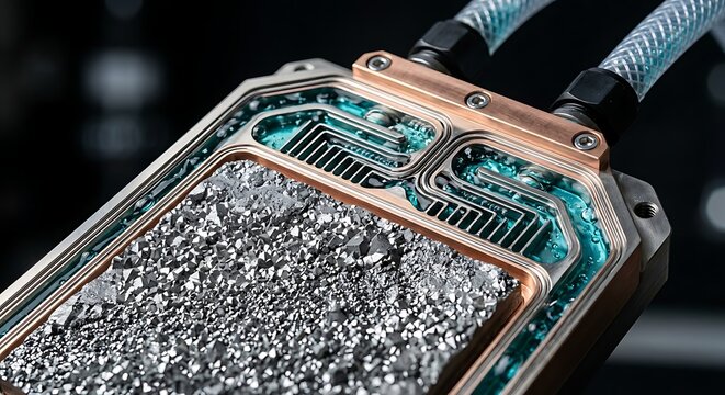 Diamond composite direct liquid cold plate with polycrystalline diamond heat dissipation base, copper tubing, thermal management, macro detail