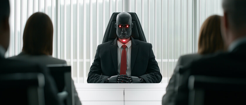 The Boardroom Overseer: A robotic figure with glowing red eyes and a suit sits at the head of a boardroom table, facing a group of unseen individuals, exuding an air of cold.
