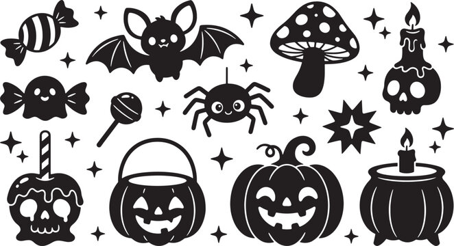 Collection of cute Halloween silhouettes including a bat pumpkin and candy with stars isolated on white background
