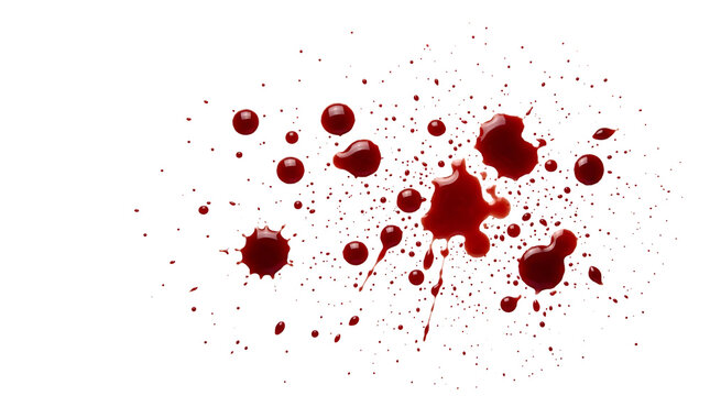 Blood splatter and droplets on impact. Realistic red liquid stains and spatter effects for horror design.