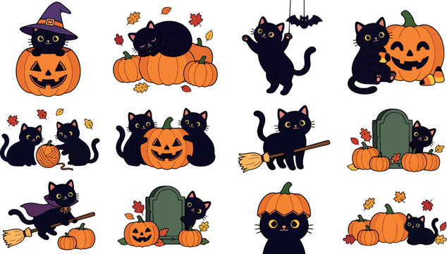 Black cats with pumpkins during autumn harvest for Halloween celebration Vector Silhouette Isolated on white background