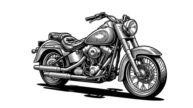 Vintage touring motorcycle black and white graphic art.