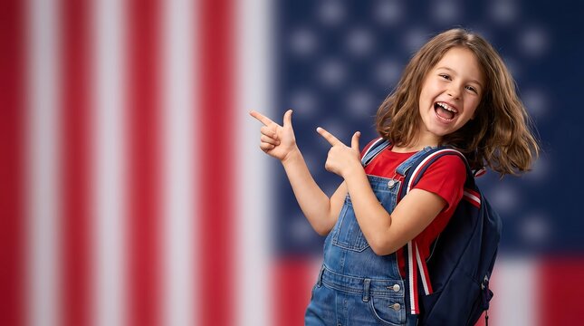 Cheerful schoolgirl with backpack pointing at the American flag background for back to school