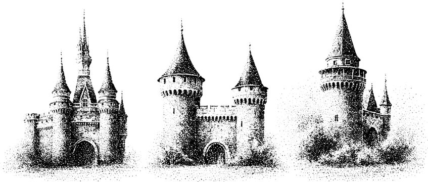 Three medieval castle tower ink drawings with tall spires and fortified gates for historical poster and background design in monochrome stipple engraving style