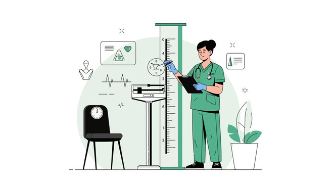 Doctor measuring patient height with scale and ruler in clinic, health checkup concept