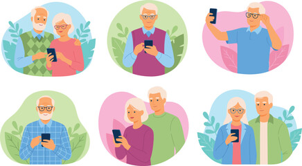 Fototapeta premium Elderly People Using Smartphones Vector Illustration Set Featuring Senior Citizens Learning Digital Technology Navigating Apps and Making Video Calls Online
