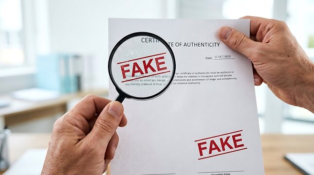 Man holding certificate of authenticity and magnifying glass to check for fake documents