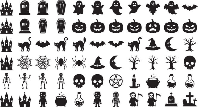 Halloween Icons collection in silhouette style with spooky elements for festive design Isolated on white background