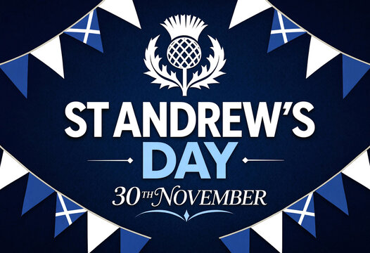 Colorful st andrews day celebration design with thistle emblem and scottish flags banner