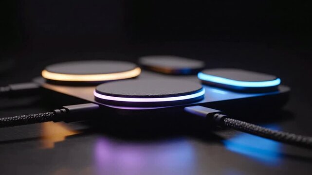 Modern multi-device wireless charging station with glowing led indicators and braided usb cables for fast power delivery and tech connectivity