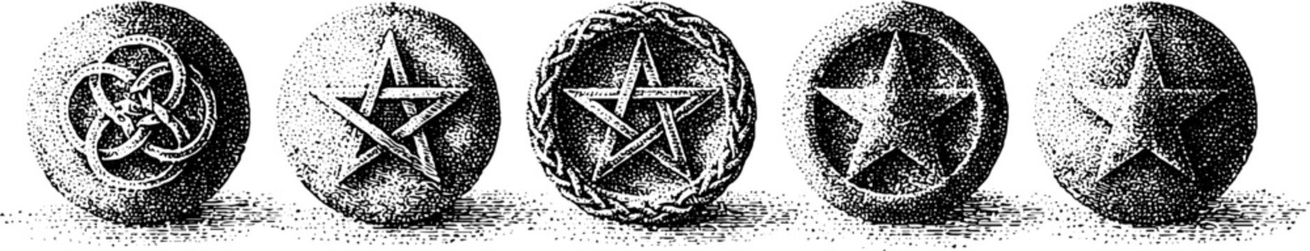 Set of circular celtic pentacle discs with fivefold star motifs in black ink traced style for occult emblem and decorative background design
