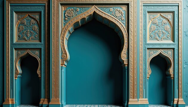 Islamic geometric arch pattern with elegant gold ornaments on teal background. Vintage Mughal architecture style frame for wedding invitation holiday greeting card. Detailed eastern artistic wall