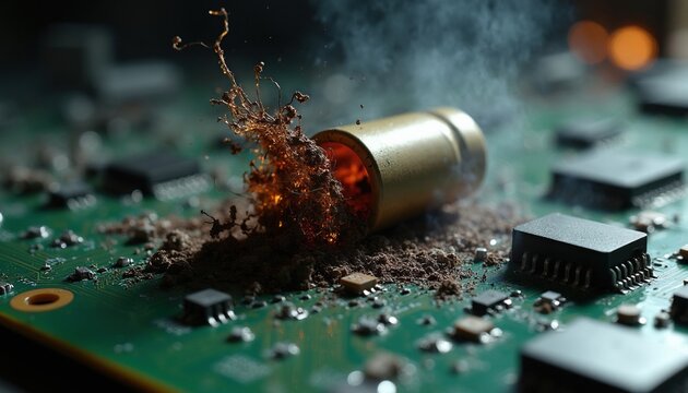 Exploded capacitor on green electronic circuit board with sparks smoke glowing embers. Burning hardware component shorts out during electrical failure on motherboard. Macro shot shows damaged pcb