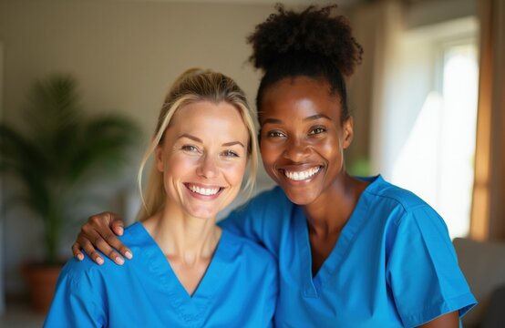 Two happy nurses in blue scrubs pose in medical clinic. Caucasian, African American female staff members smile together working at hospital. Medical professionals support patients during daily shift.