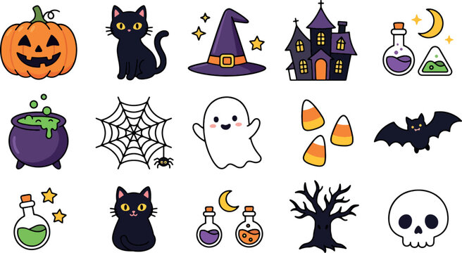 Halloween icons in a cute cartoon vector silhouette style isolated on white background