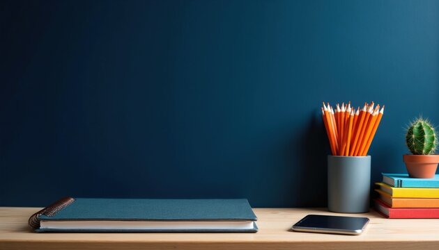 Minimalist workplace with notebook on wooden table top surface. Orange pencils in holder, small green cactus stand beside colorful stacked books. Dark blue wall background provides elegant contrast