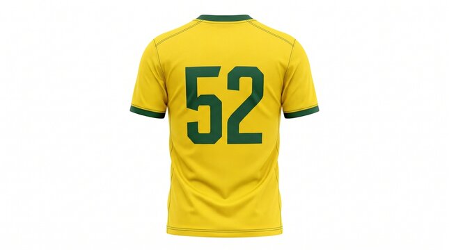 A professional yellow sports jersey featuring the number fifty two in bold green font displays the rear view of a competitive athletic garment commonly worn by players during major soccer