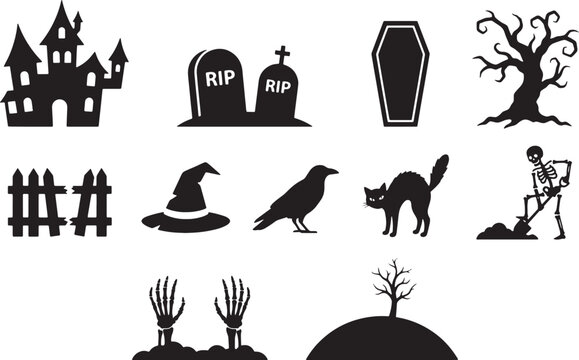 Halloween icons in silhouette including a haunted house witch hat graveyard and spooky tree Isolated on white background