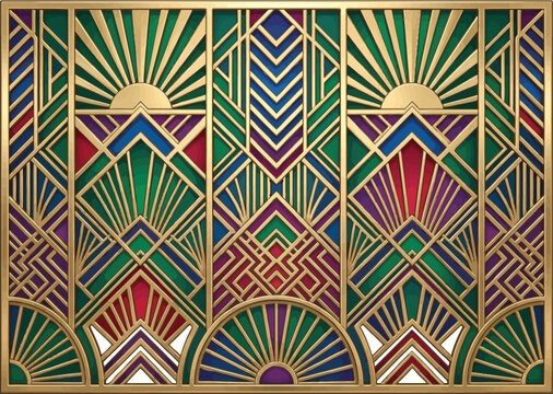 Art Deco geometric pattern background. Vintage 1920s gold and stained glass style wallpaper.