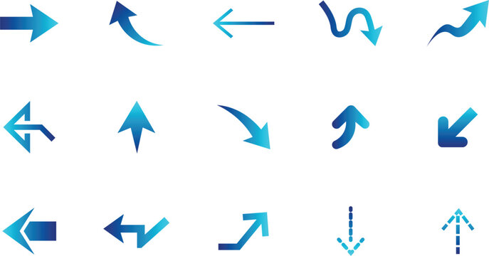 Collection of fifteen blue gradient arrows pointing in various directions and styles pointer navigation