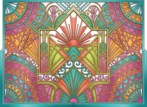 Art deco geometric pattern background. Vintage 1920s style ornamental sunburst illustration.