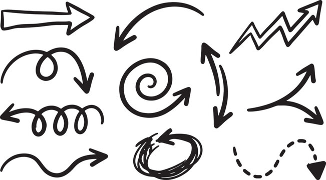 Black ink doodles of arrows, spirals, and zigzags on white background