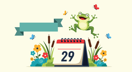 Naklejka premium Cute leap year calendar page showing the twenty-ninth of February with a happy green frog leaping high over wild flowers.