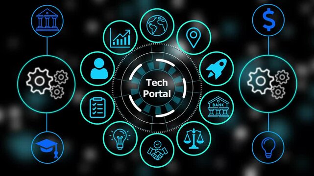 Digital interface with glowing blue representing business strategy and technology development on a dark background with gear symbols
