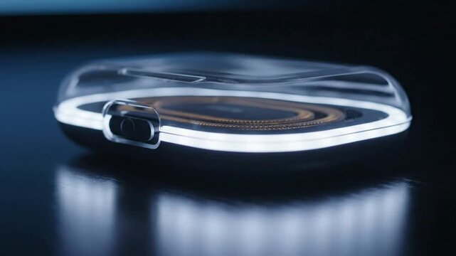 Modern wireless charging pad with glowing led ring and transparent cover, sleek tech accessory for smartphone power and fast charging