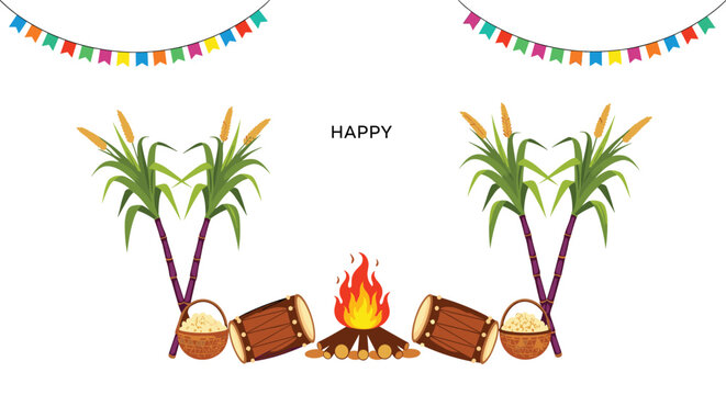 Happy Lohri celebration card design featuring a bonfire, sugarcane plants, traditional dhol drums, and food baskets.